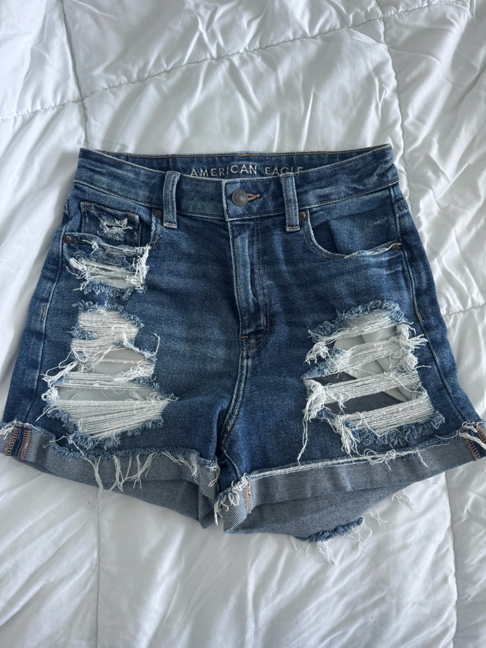 American Eagle Outfitters Blue Denim Shorts with Leather Patch